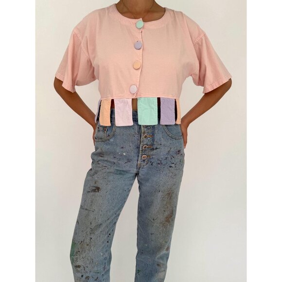 vintage pink colorful pastel unique casual clowncore cotton button up crop top - Picture 2 of 10
